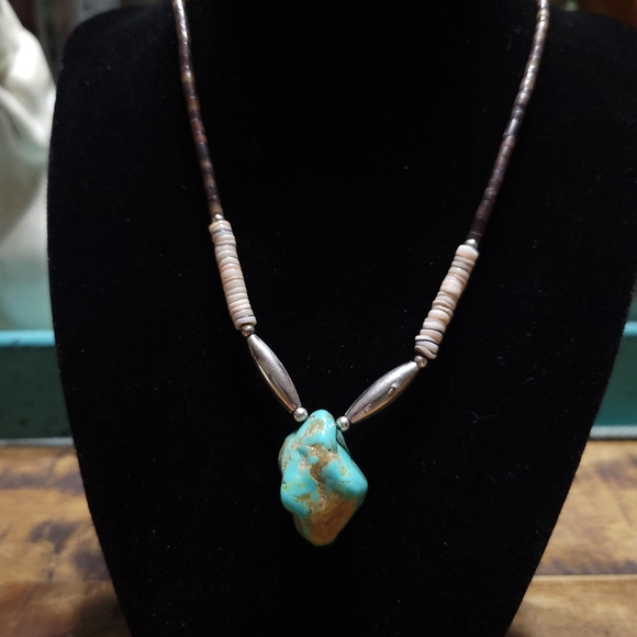Sterling Necklace with Shell and Turquoise - Picture 1 of 7